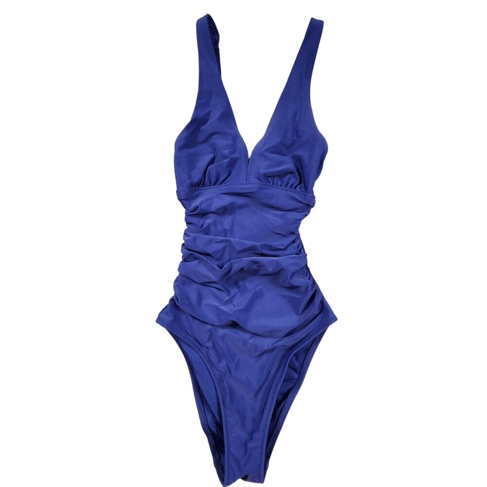 Plunge V Neck Ruched One Piece Swimsuit Bathing Suit Womens Size 0000 Navy Blue